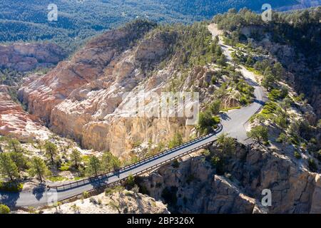 Aerial views of the Hells Backbone highway bridge near Escalante, Utah Stock Photo