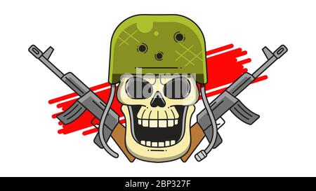 Military Skull In A Hard Hat With Machine Guns On A White Background Typography Illustration, Can Be Used As A Print For T'shirts, Bags, Cards And Pos Stock Vector