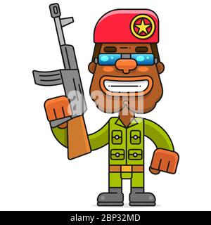 Vector Illustration Of An African Native Cartoon. A Warrior With A Machine Gun. Unusual Logo Template Isolated On A White Background Stock Vector
