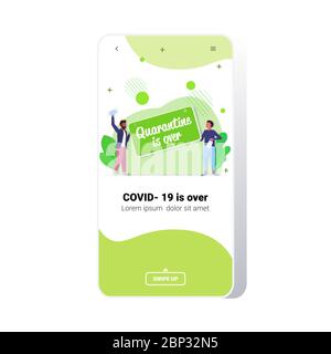 mix race men holding quarantine is over poster coronavirus win guys celebrating victory over covid-19 virus ending concept smartphone screen mobile app full length copy space vector illustration Stock Vector
