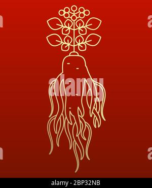 Red Korean Or Chinese Ginseng Root Logo. Silhouette Style Symbols On The Red Background. Golden Color Ginseng Symbols For Chinese Medicine, Food Produ Stock Vector