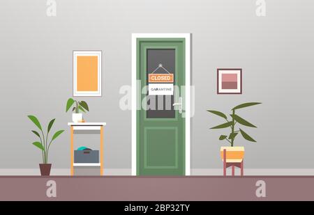 closed sign hanging outside office door coronavirus pandemic quarantine bankruptcy no job unemployment concept modern cabinet interior horizontal vector illustration Stock Vector