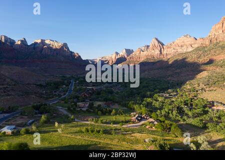 Late afternoon light falls on the valley location of Springdale, Utah near Zion National Park Stock Photo