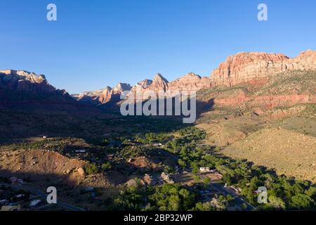 Late afternoon light falls on the valley location of Springdale, Utah near Zion National Park Stock Photo