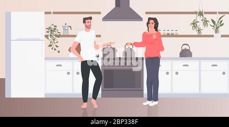 young couple cooking man woman spending time together stay home coronavirus pandemic quarantine concept modern kitchen interior full length horizontal vector illustration Stock Vector