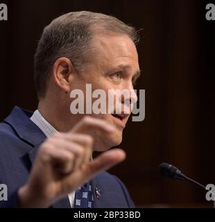 Senate Hearing “Moon to Mars- NASA’s Plans for Deep Space Exploration'  NASA Administrator Jim Bridenstine testifies before the Senate Committee on Commerce, Science, and Transportation during a hearing titled, “Moon to Mars: NASA’s Plans for Deep Space Exploration,” Wednesday, July 17, 2019, at the Hart Senate Office Building in Washington. Stock Photo