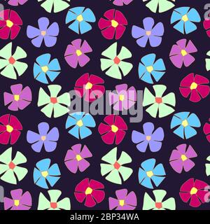 seamless pattern. many simple five-petalled flowers of violet, lilac, blue, burgundy and light turquoise on a dark background. Stock Vector