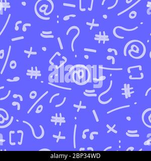 violet spelling on an ultramarine background, question mark, plus, equal, percent, quotation marks, staples, dashes, periods exclamation points commas Stock Vector