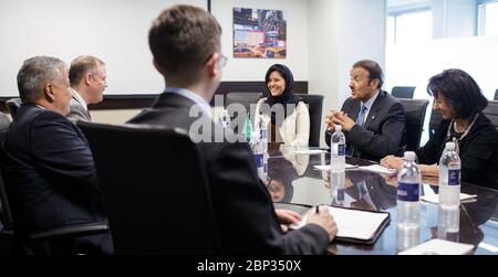 NASA Administrator Meets Saudi Ambassador and Chairman of Saudi Space Commission  NASA Administrator Jim Bridenstine, left, talks with Her Royal Highness Princess Reema Bandar Al Saud, Saudi Arabia’s Ambassador to the US and His Royal Highness Prince Sultan Salman Al-Saud, Chairman of the Board of Directors of the Saudi Space Commission during a courtesy visit, Monday, Aug. 12, 2019 at NASA Headquarters in Washington. Stock Photo