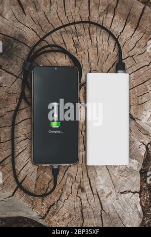 Close up of modern smartphone charges from the portable power bank on the old stump background. Modern technology concept Stock Photo
