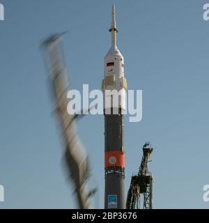 Expedition 61 Soyuz Rollout  The Soyuz rocket is seen in this long expsoure photograph as it is raised into vertical position on the launch pad, Monday, Sept. 23, 2019 at the Baikonur Cosmodrome in Kazakhstan. Expedition 61 crewmembers Jessica Meir of NASA, Oleg Skripochka of Roscosmos, and spaceflight participant Hazzaa Ali Almansoori of the United Arab Emirates will launch September 25th on the Soyuz MS-15 spacecraft from the Baikonur Cosmodrome to the International Space Station. Stock Photo