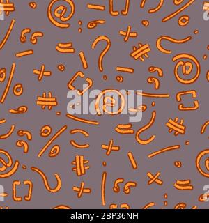 orange spelling with a brown stroke on a gray background, question mark, plus, equal, percentage, quotation marks, staples, dash, dot, exclamation poi Stock Vector