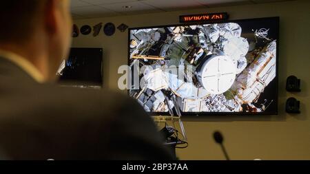 NASA Leadership and Members of Congress watch First All-Woman Spacewalk  NASA Administrator Jim Bridenstine watches the beginning of the first all-woman spacewalk on Friday, Oct. 18, 2019, from the Space Operations Center at NASA Headquarters in Washington. The first all-woman spacewalk in history began at 7:38am EDT with NASA astronauts Christina Koch and Jessica Meir venturing outside the International Space Station to replace a failed battery charge-discharge unit. This is the fourth spacewalk for Koch and Meir’s first. Stock Photo