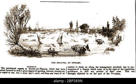 A news clipping from 1842 reporting a dispute at Henley Regatta (now Henley Royal Regatta)which led to 'a sad days sport'. The regatta is a rowing event held annually on the River Thames by the town of Henley-on-Thames, England. Established on 26 March 1839, It is not to be confused with other separate events on  the same course, (Henley Women's Regatta, Henley Masters Regatta and Henley Town and Visitors' Regatta) or with the Oxford & Cambridge boat race. Stock Photo