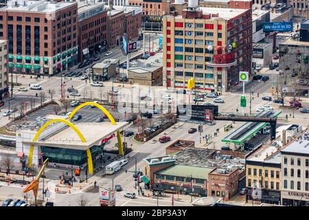 Aerial view of the intersection of LaSalle and Ontario streets in River North. Rock N Roll McDonalds at left. Stock Photo