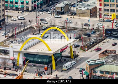 Aerial view of the intersection of LaSalle and Ontario streets in River North. Rock N Roll McDonalds at left. Stock Photo