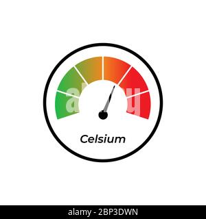 Round temperature gauge, isolated on white background. Colored measuring semicircle scale in flat style. Template of circle barometer or indicator. Ve Stock Vector