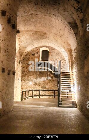 Corridor and stairs in the basement in the Red Stone castle Slovak: Hrad Cerveny Kamen nearby the settlement called Pila in Slovakia, Europe Stock Photo