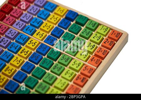 Multiplication table . Macro mode. Colored wooden cubes.Teaching children math and numeracy. Mental math. isolated Stock Photo