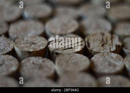Extremely close-up of homemade chopped wine cork note board, selective focus Stock Photo