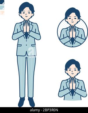 A young Businessman in a suit with press hands in prayer images. It's vector art so it's easy to edit. Stock Vector