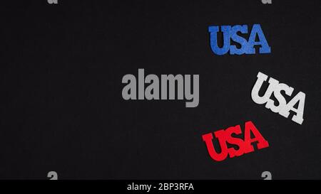 4th of July, USA Independence Day banner template. Black background with blue red white USA decorations. Fourth of July greeting card design, poster m Stock Photo