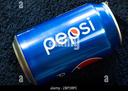 New York, USA - 15 May 2020: Can of Pepsi close-up top view. Brand logo, Illustrative Editorial Stock Photo