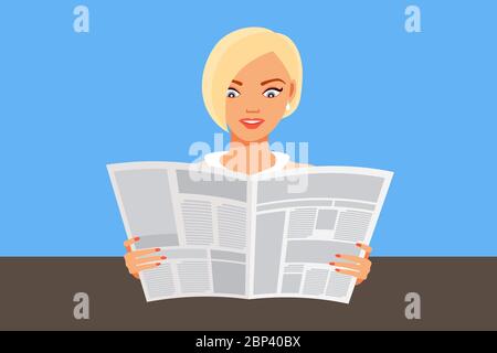 Cute blonde girl reading a newspaper on desk isolated on blue background. News and information concept. Girl holding newspaper Stock Vector