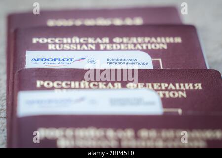 London, UK - 15 May 2020 - Russian passports and Aeroflot flight borading passports Stock Photo