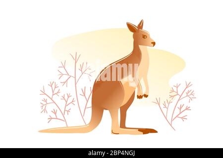 Flat card flat illustration isolated on white background. Australian animal design template. Wallaby character standing in spines vector banner. Zoo postcard in kids style. Stock Vector