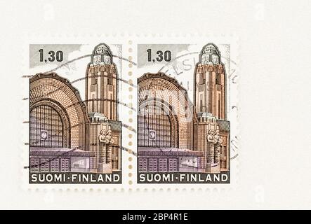 SEATTLE WASHINGTON - May 16, 2020:  1980 Finland stamp featuring Helsinki Railway Station without green color. Stock Photo