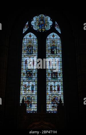 Stained glass window of Liverpool Anglican Cathedral historical architecture closeup view in England, United Kingdom Stock Photo