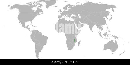 Malawi country highlighted on world map. Light gray background. Perfect for Business concepts, backgrounds, backdrop, sticker, label, chart and wallpa Stock Vector