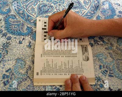 Man completing a crossword puzzle Stock Photo