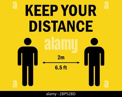 Keep your distance 2 meter. Caution sign. Yellow background. Perfect for backgrounds,backdrop, poster, label, sticker and wallpaper. Stock Vector