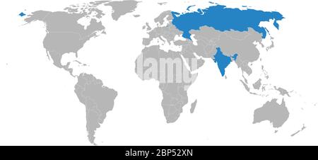 India, russia highlighted on world map. Light gray background. Business concepts, diplomatic, travel, trade and transport relations. Stock Vector