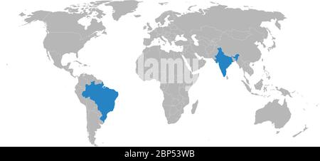 India, brazil countries isolated on world map. Light gray background. Business concepts and backgrounds. Stock Vector