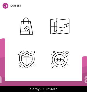Group of 4 Filledline Flat Colors Signs and Symbols for bag, shield, shopping, place, service Editable Vector Design Elements Stock Vector
