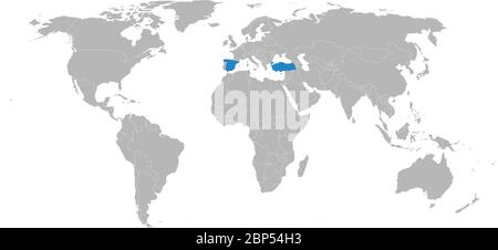 Spain, turkey countries isolated on world map. Light gray background. Business concepts and backgrounds. Stock Vector