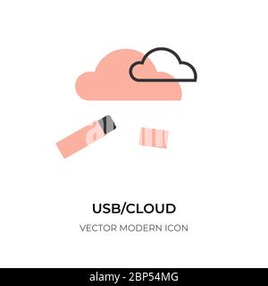 Flat line usb cloud icons. Graphic digital technology storage information web hosting. Logotype design for app, ui. Simple shape sign transfer data and upload. Isolated on white vector illustration Stock Vector