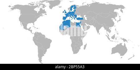 Union for the Mediterranean countries highlighted on world map. Business concepts, social, political, economic, trade, environment, transport relation Stock Vector