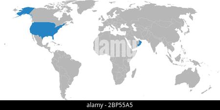 Oman, USA map highlighted on world map. Light gray background. Business concepts, diplomatic, trade and transport relations. Stock Vector
