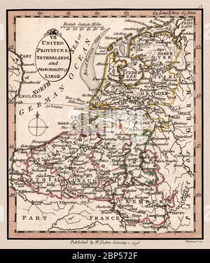 'United Provinces, Netherlands, and Principality of Liege.' Map shows geographic divisions circa 1798, This is a beautifully detailed historic map reproduction. Original from a British atlas published by famed cartographer William Faden. Stock Photo