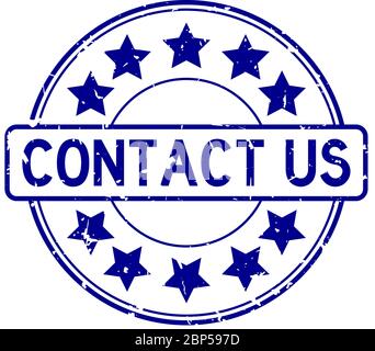Grunge blue contact us word with star icon round rubber seal stamp on white background Stock Vector