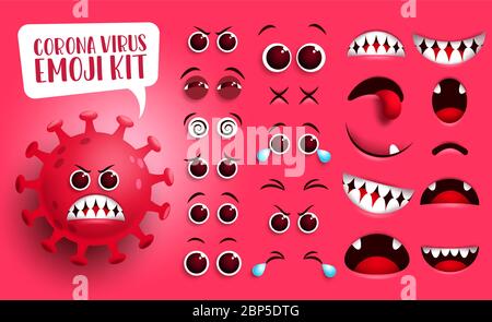 Corona virus emoji kit vector set. Covid19 coronavirus emoticon face creation, eyes and mouth with angry facial expression isolated in red background. Stock Vector