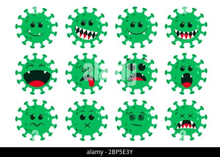 Corona-virus green emoticon vector set. Ncov covid19 corona virus flat cartoon icon and emoji with naughty and dizzy facial expressions isolated. Stock Vector