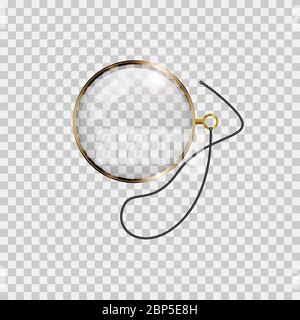 Gold monocle on chain and lace. Realistic 3D vector illustration Stock