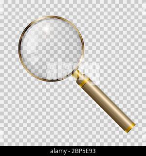 Magnifying glass realistic vector illustration. Golden magnifier isolated on transparent background. Stock Vector