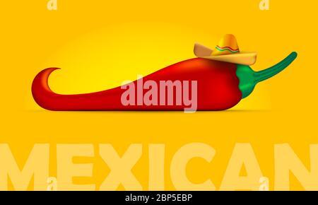 Big red pepper and mexican hat, sombrero. Symbols of Mexico, vector. Stock Vector