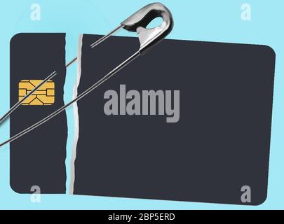 Repairing a bad credit history is illustrated with safety pins holding together a broken credit card. This is a vector image. Stock Vector